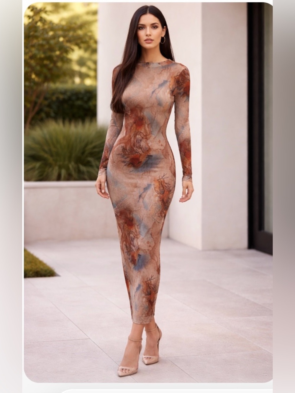 Long Sleeve Abstract Print MaxiDress in Brown & Blue Mesh - Picture 1 of 10